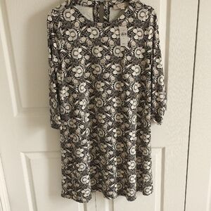 LOFT Black and White Buttoned Sheath Dress with Cuffed Sleeves